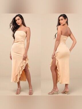 Lulus Graceful Perfection Yellow Satin Ruffled Strapless Midi Dress XL Wedding